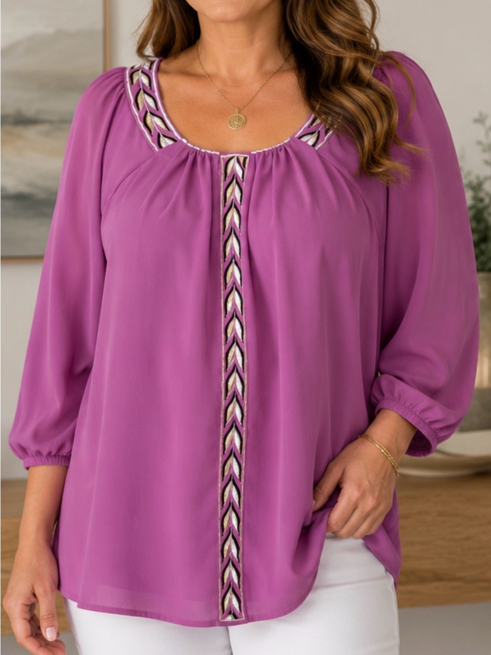 Bob Mackie Wearable Art Embellished Blouse XL Purple Pink Boho